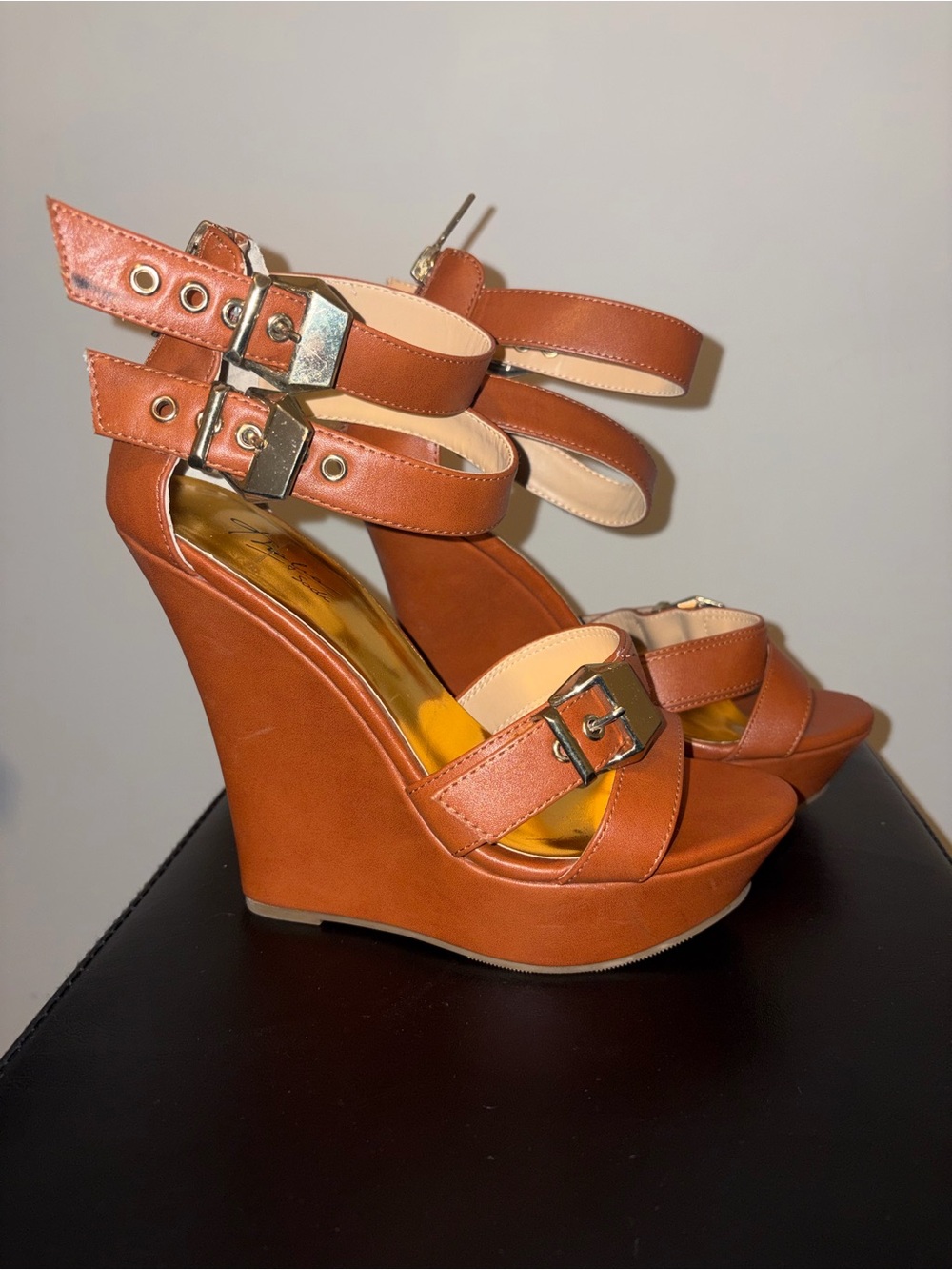 Thalia Sodi Brown Platform Wedge Sandals with Buckle Straps